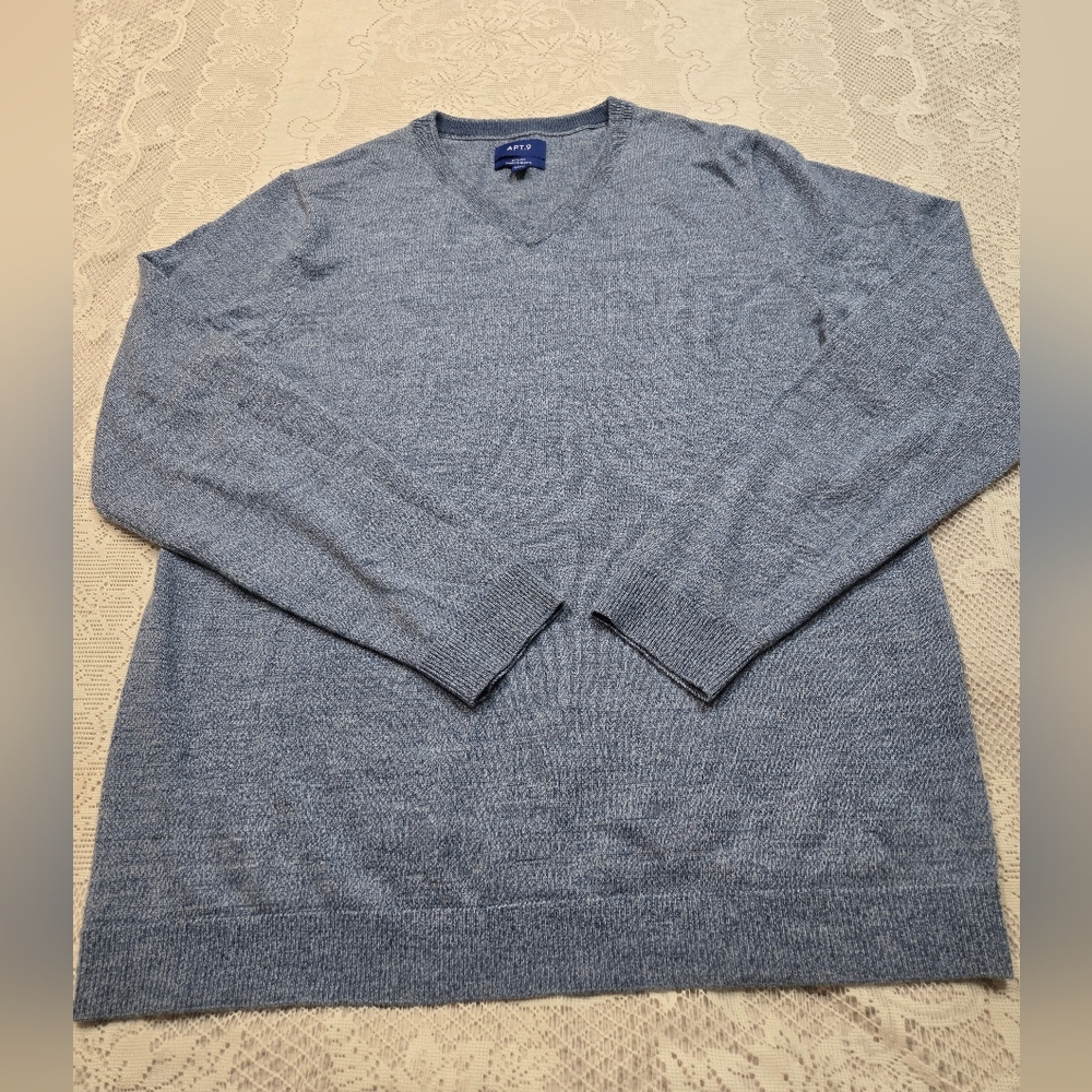 Merino Wool Apt. 9 Blue V-Neck Sweater Sz Large